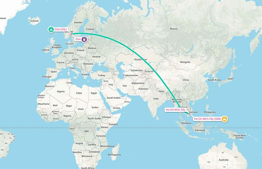 Travelling from Norway to Vietnam, flights